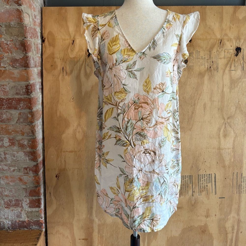 Nicole Miller Floral 100% Linen Dress V-Neck Casual Summer Dress Size S